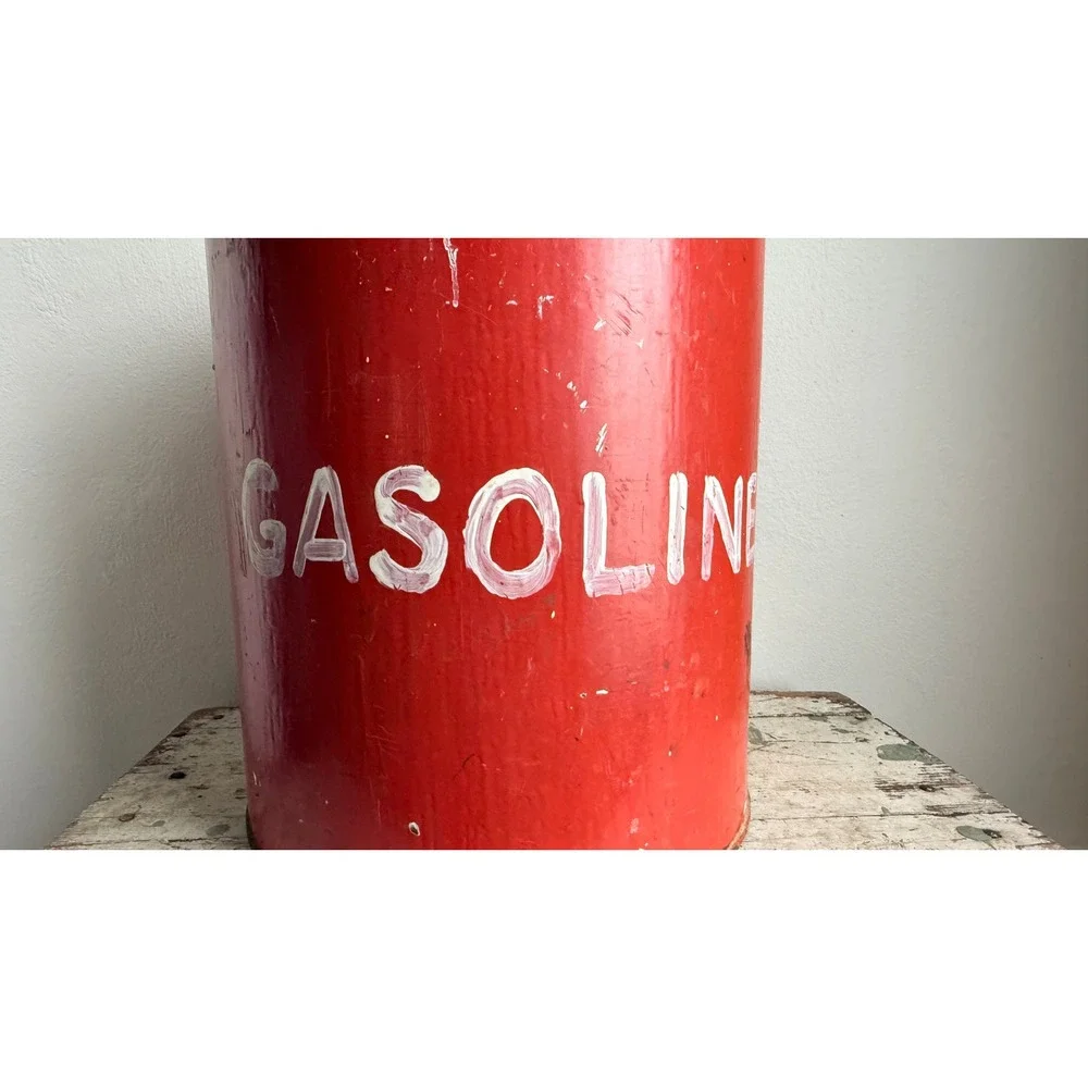 Vintage Red Metal Gasoline Can Rustic Industrial Storage Decor